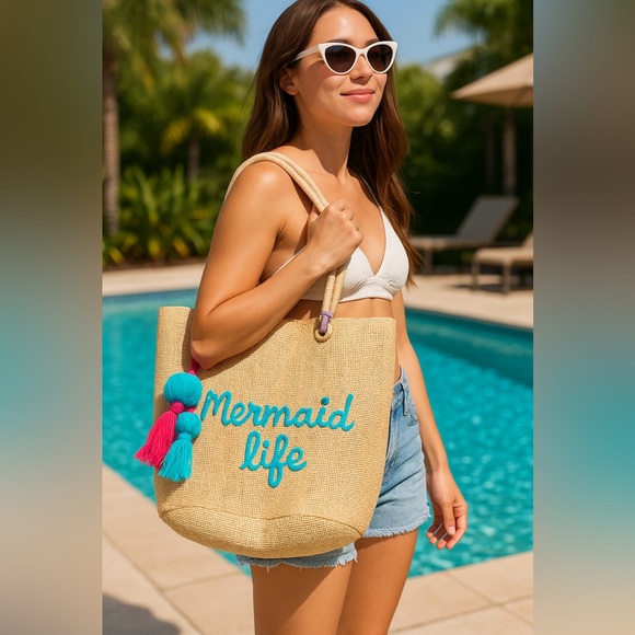 Capelli New York Mermaid Life Straw Tote Bag with Tassel Charm - Picture 1 of 5